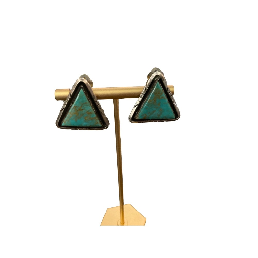 ES Sterling Silver Turquoise Triangle Clip On Earrings Vintage Southwestern Good